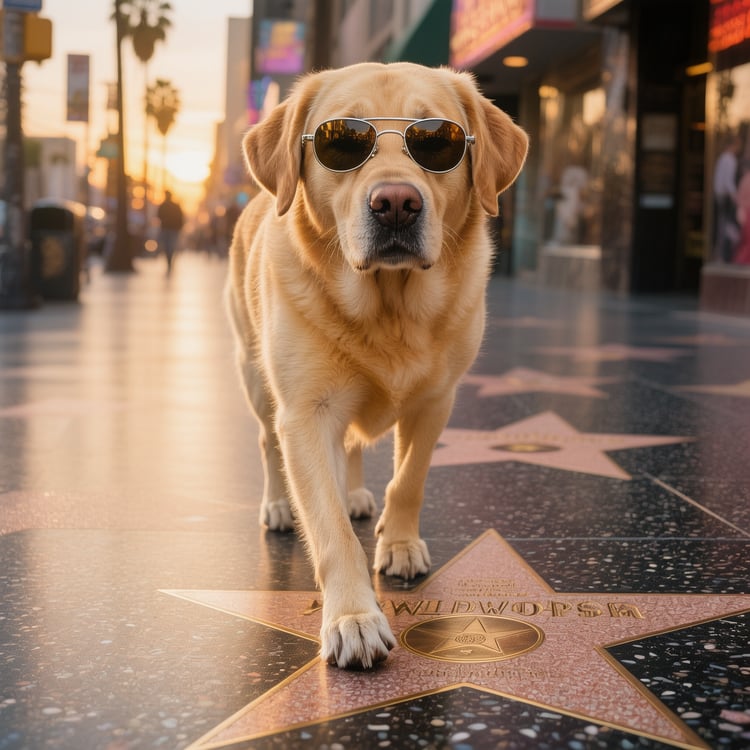 Golden Labrador Max wearing sunglasses, striking a cool and confident pose on the Hollywood Walk of Fame, ready for his stardom.