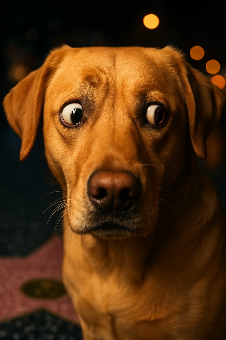 A well-behaved Max sitting proudly on a Hollywood star, looking like the perfect movie star dog.