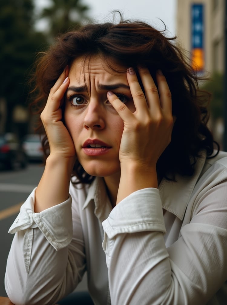 Max´s owner Sophia looks directly at the camera with a deadpan, "I can't believe you" expression while her dog Max misbehaves in the background.