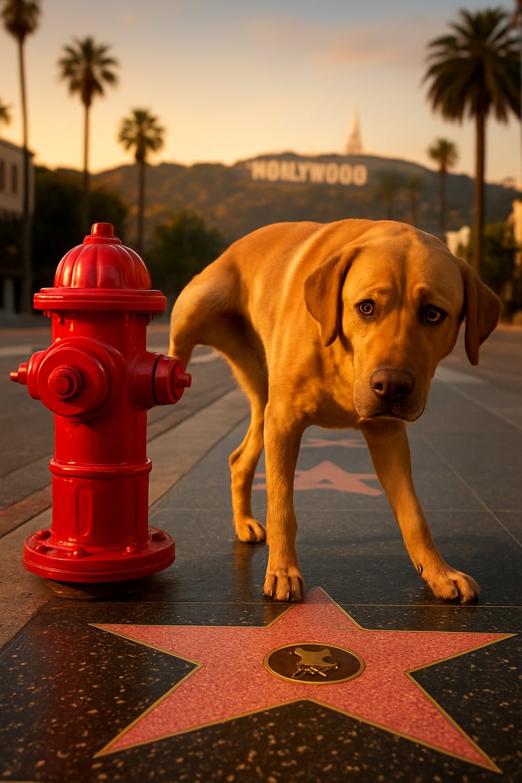 A funny three-panel montage showing Max the dog peeing on a fire hydrant, his owner Sophia facepalming, and Max looking proud of his revenge on Hollywood.