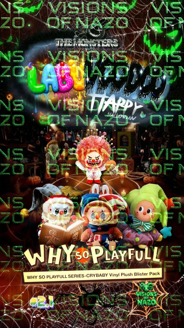 Halloween wallpaper background screenlock of Labubu as voodoo master performing spell on Crybaby doll in haunted toyroom. Other Pop Mart toys inspired by Chucky and Pennywise hide in background with pumpkins and candles.