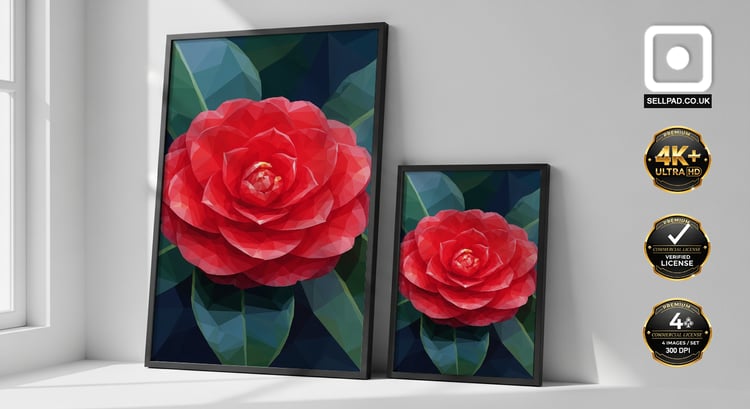Red Camellia Abstract Mosaic Floral Art Poster – Studio Wall Presentation