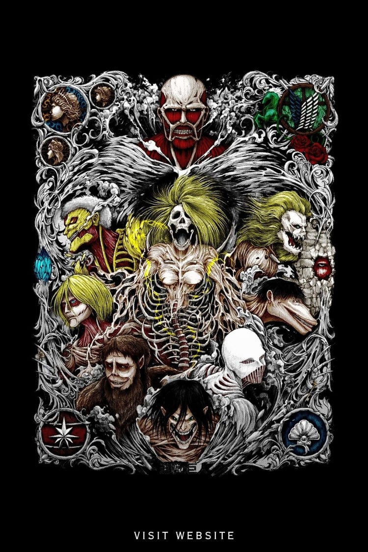 Detailed Attack on Titan titans collage artwork on black background — anime t-shirt design, digital download, printable PNG, streetwear aesthetic.