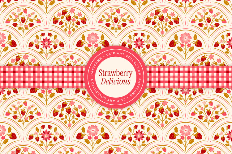 hand illustrated surface patterns and clip art featuring strawberries, florals, berries, and leaves in a red, pink, and cream color palette