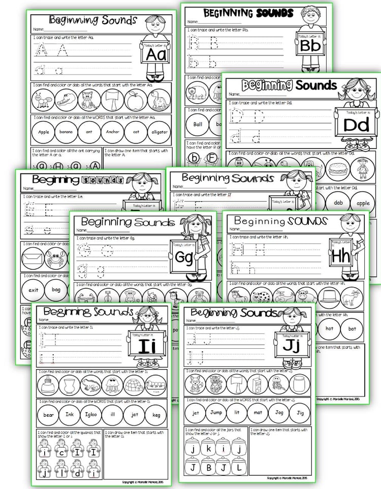 Alphabet BEGINNING SOUNDS WORKSHEETS- Letter Recognition & Identification
