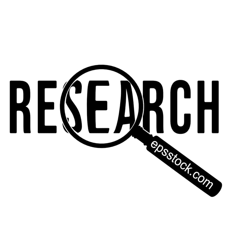 magnifying glass with word research, black isolated silhouette