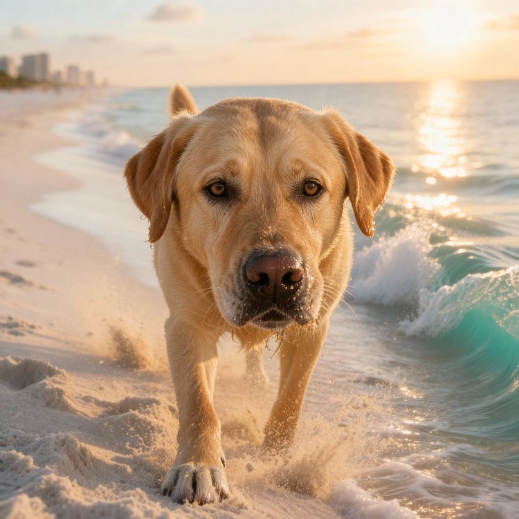 A determined yellow Labrador retriever named Max staring down the waves at Miami Beach with the city skyline in the background.