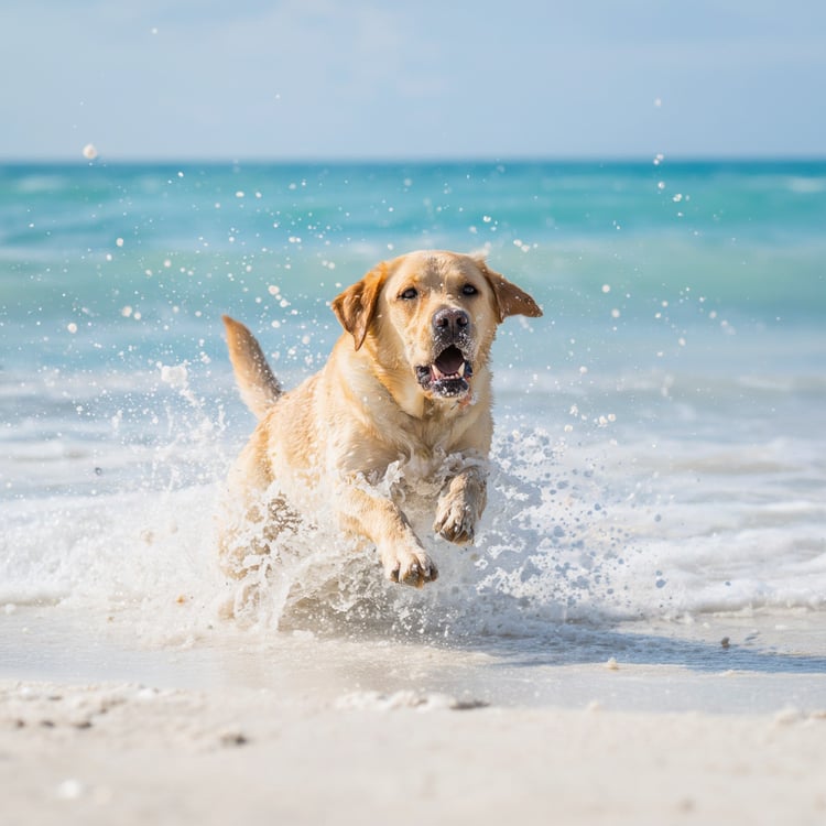 A determined yellow Labrador retriever named Max staring down the waves at Miami Beach with the city skyline in the background.