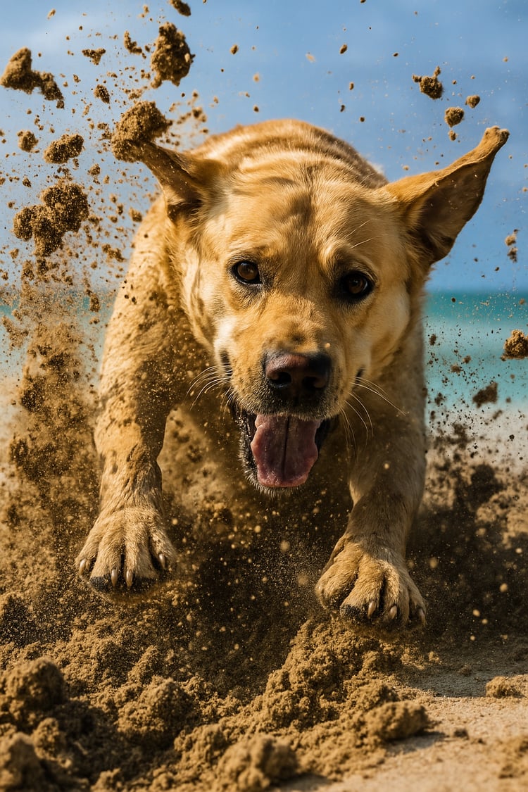 A playful Labrador dog enthusiastically digging a hole in the sand, with sand flying everywhere.