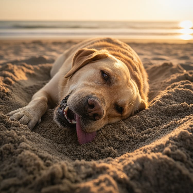 A tired yellow Labrador resting exhausted in his self-dug sand hole, panting with his tongue out.