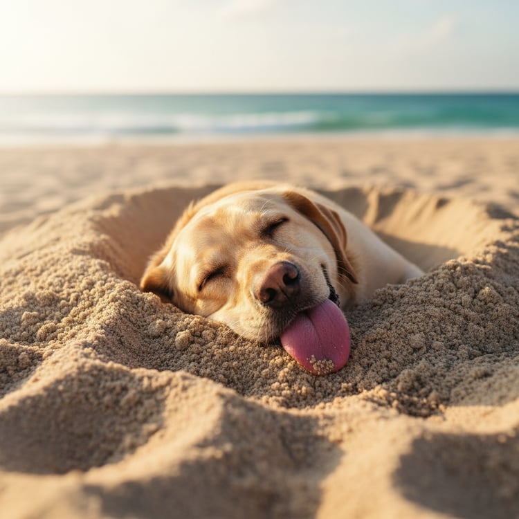 A Labrador retriever sleeping deeply and peacefully in his sandy hole on Miami Beach.