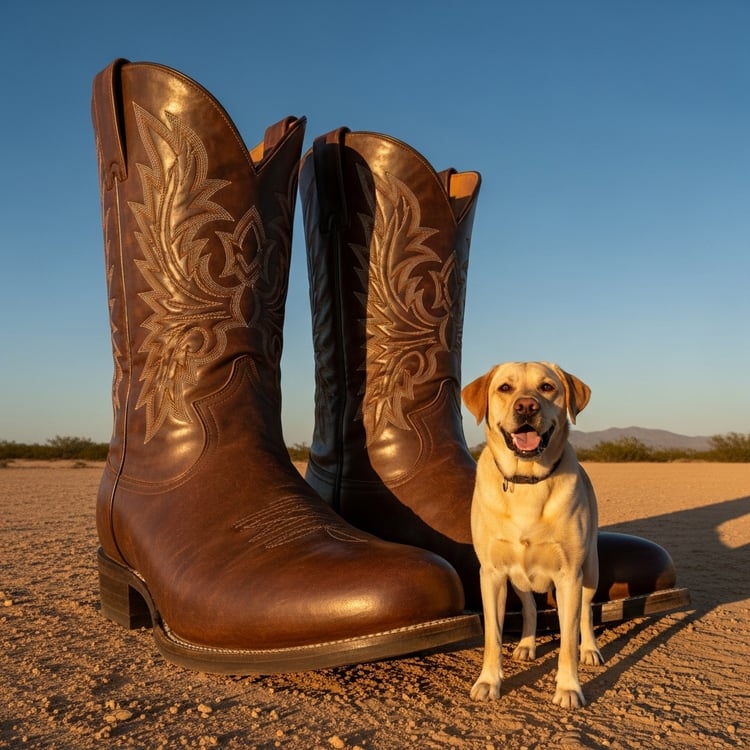 Small Labrador dog Max sitting confidently in front of giant cowboy boots in Texas desert, looking proud and oversized.