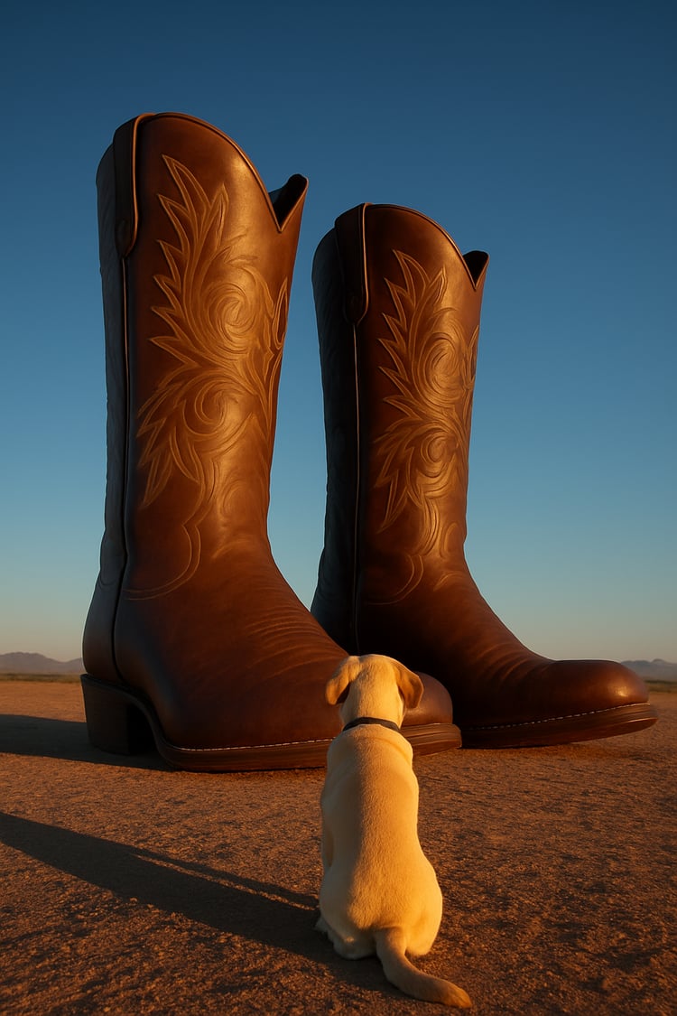 Funny dog reaction as yellow Lab Max looks up in shock at enormous cowboy boots towering over him in Texas.