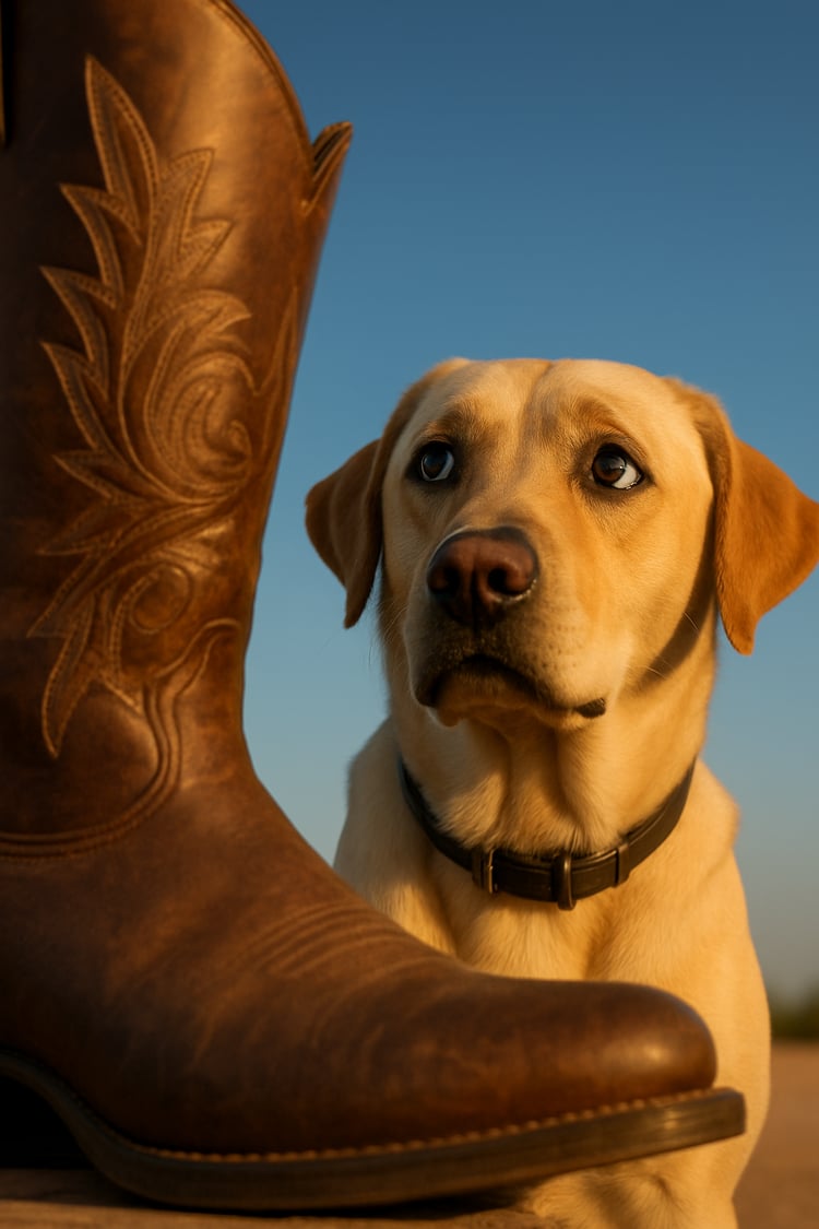 Extreme size comparison showing one colossal cowboy boot dominating the frame with tiny dog Max in background.