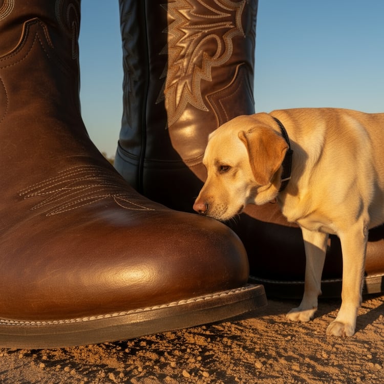 Curious Labrador dog cautiously sniffing the toe of a massive cowboy boot, investigating the impossible size difference.