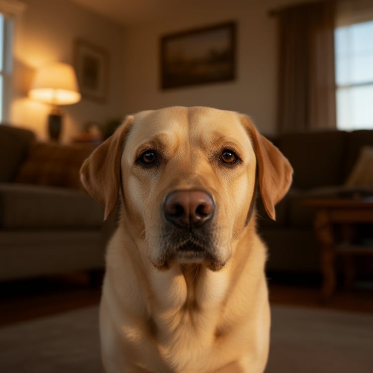 Depressed Labrador Max sitting dejected in living room after returning from humiliating Texas vacation experience.