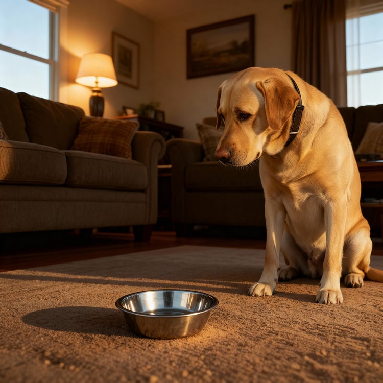 Labrador dog looking disappointed at his normal-sized food bowl that now seems tiny after seeing Texas-sized boots.