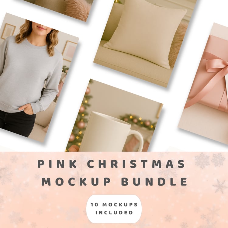 Promotional image for Pink Christmas Mockup Bundle with text overlay, showcasing neutral and blush mockup previews for digital listings.