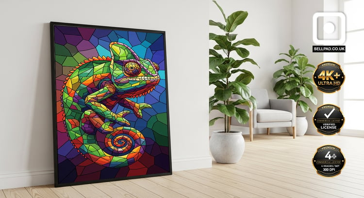 Vibrant Mosaic Chameleon Abstract Digital Art – Chic Interior Arrangement