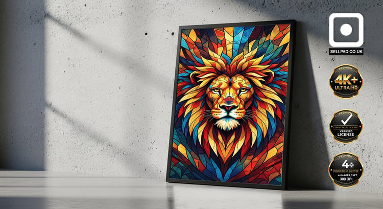 Majestic Mosaic Lion Abstract Digital Art Vertical Poster – Framed Wall Artwork