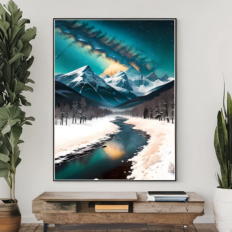 Futuristic digital artwork of snowy peaks and cosmic night sky by NIXO Digital
