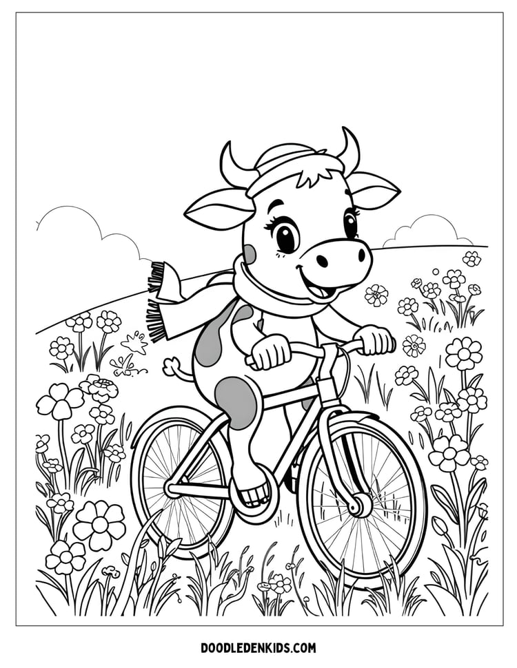 Cow Riding a Bicycle – Cute cartoon cow riding a bike through a meadow of flowers, wearing a hat and scarf coloring Pages