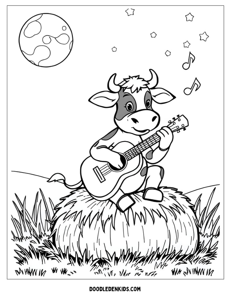 Cow Playing Guitar – Funny cartoon cow strumming a guitar on a hay bale under the moon and stars, musical notes floating, coloring Page