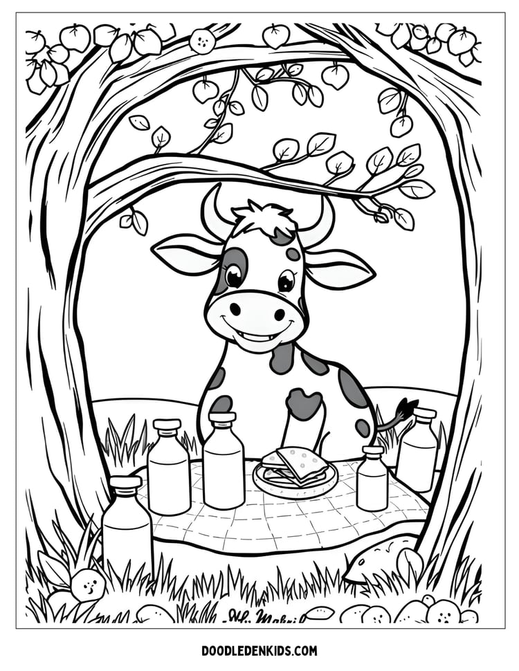 Cow Picnic Party – Cartoon cow having a picnic under a tree with milk bottles, sandwiches, and friends, black-and-white whimsical  coloring Page