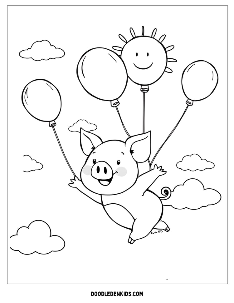 Pig Flying with Balloons – Cartoon pig joyfully floating in the sky with balloons, smiling sun and clouds, black-and-white line art for children’s coloring page.
