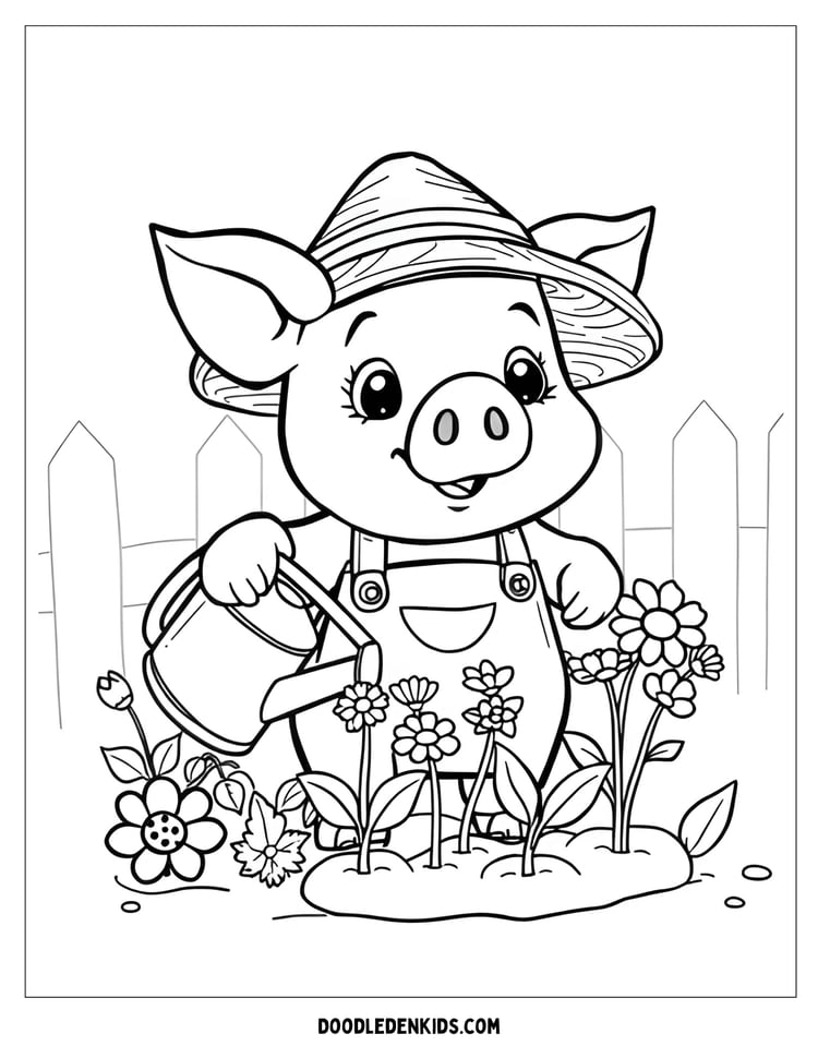 Pig Gardening Day – Cute pig watering flowers and planting vegetables with a straw hat and watering can, black-and-white whimsical line art for coloring.