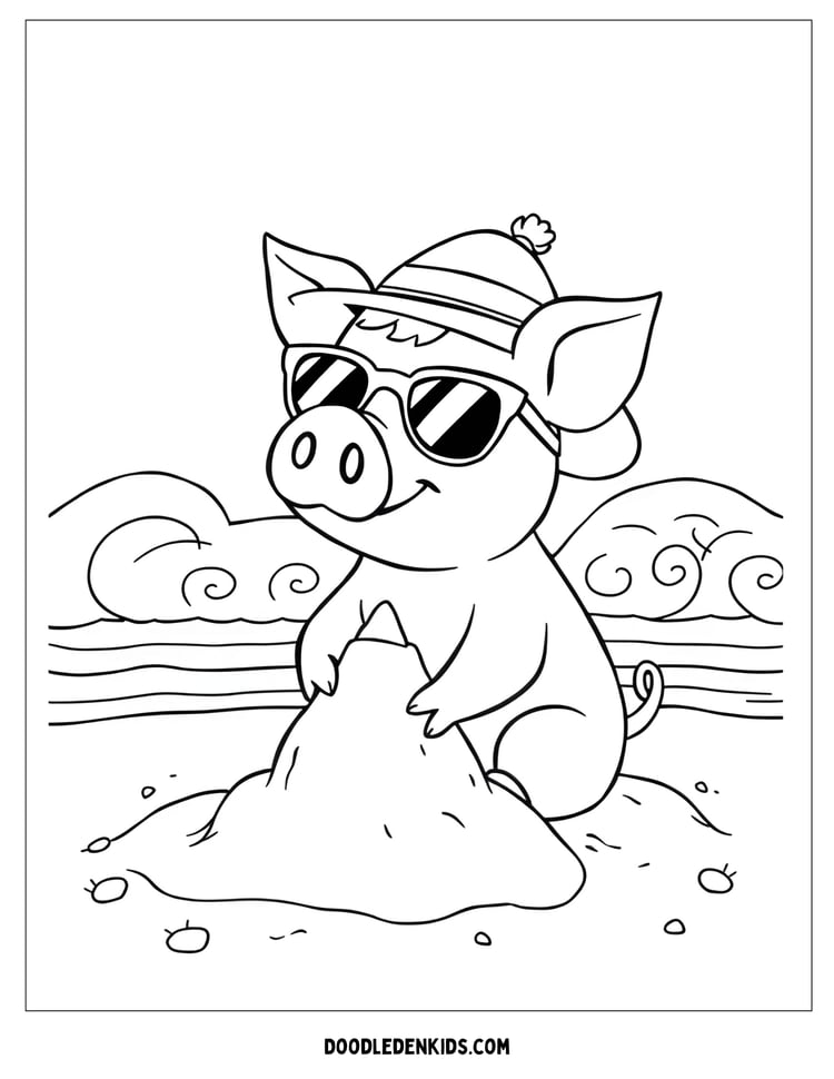 Pig at the Beach – Cartoon pig building a sandcastle by the sea, wearing sunglasses and a sunhat, waves in the background, coloring Page