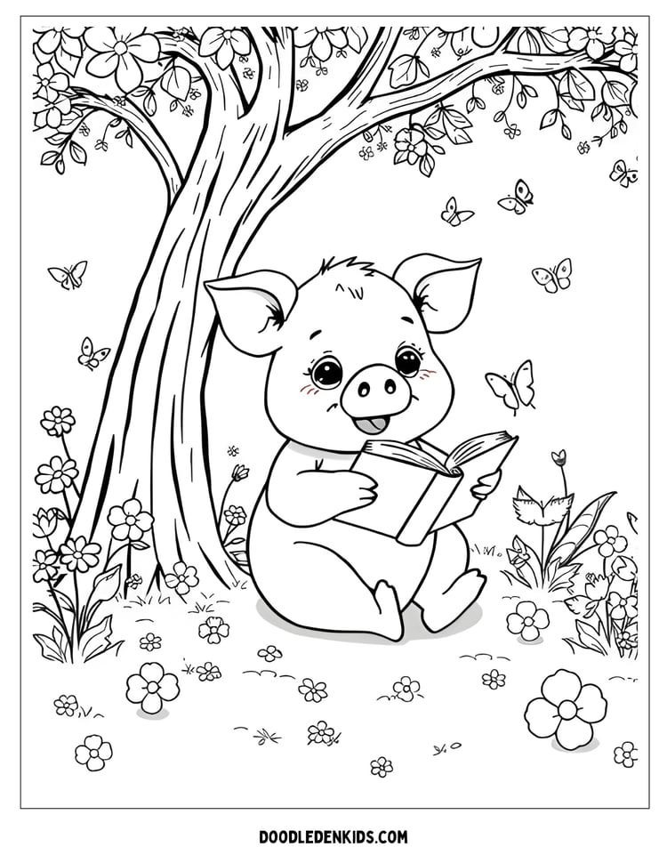 Pig Reading Under a Tree – Sweet pig sitting under a tree reading a book, surrounded by butterflies and flowers, black-and-white whimsical line art for coloring.