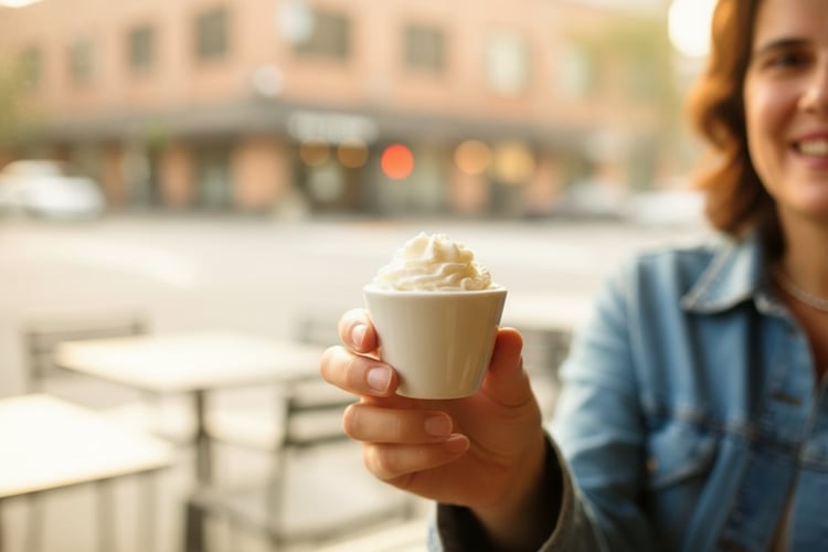 A person's hand holding a tiny white ceramic cup filled with whipped cream, known as a puppuccino, against a blurred Seattle coffee shop background.