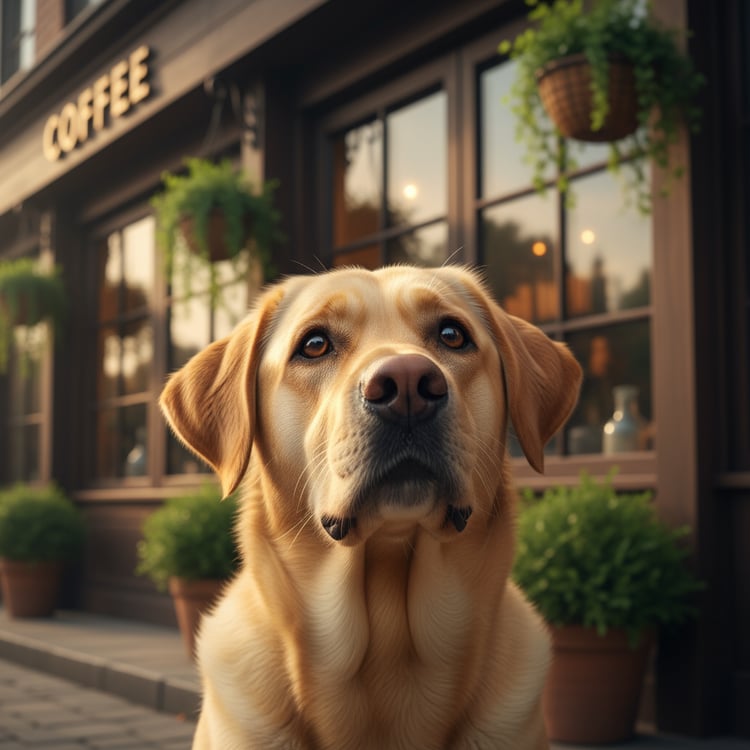 A handsome Yellow Labrador named Max sitting patiently on the sidewalk outside a famous Seattle coffee shop.