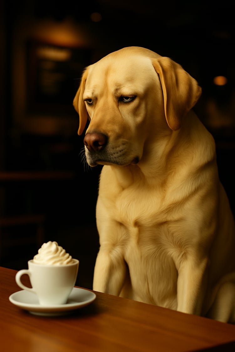 Close-up of a Yellow Labrador inside a coffee shop looking confused and judgmental at a puppuccino cup on the floor.