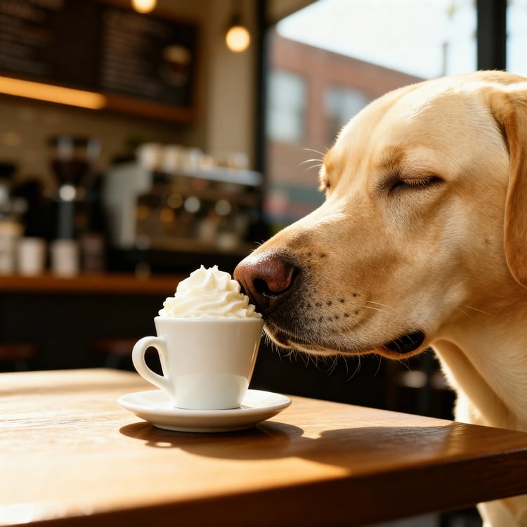 A Labrador dog sniffing a tiny puppuccino cup elegantly and deliberately, like a wine connoisseur, inside a cafe.