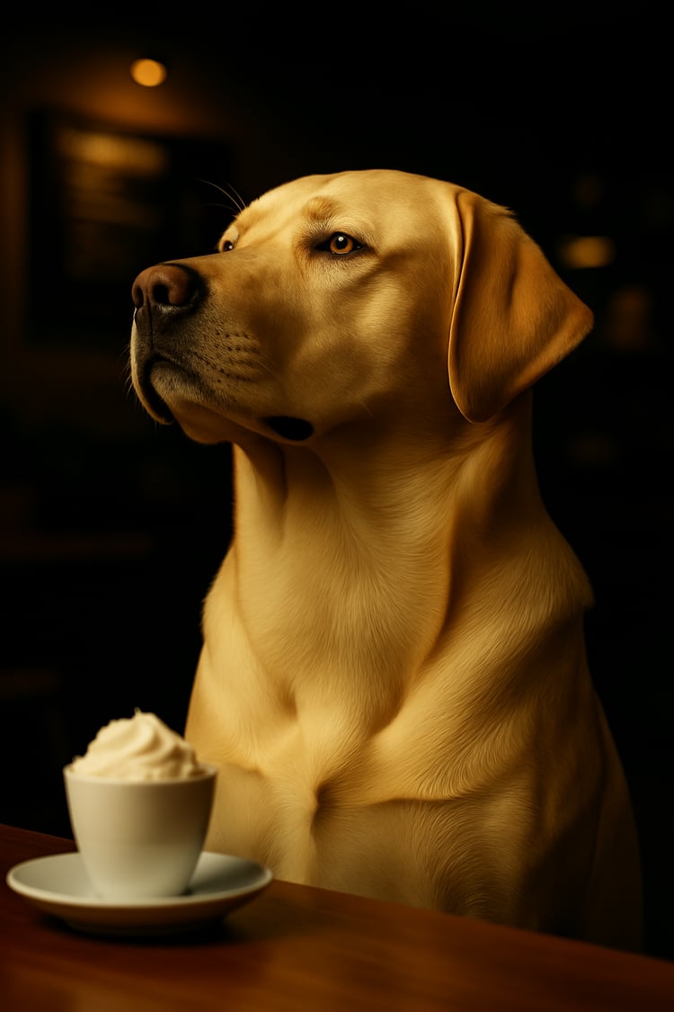 A Yellow Labrador turning his head away from a puppuccino with an expression of disdain and disgust.