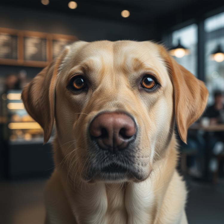 Close-up of a dog's face giving a horrified, judgmental side-eye glance at the camera after smelling a puppuccino.