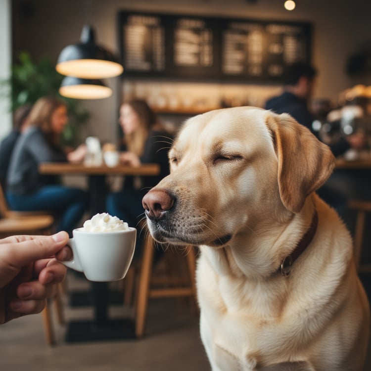 A disappointed Yellow Labrador sighing deeply, slumped on the floor of a coffee shop after rejecting a dog treat.