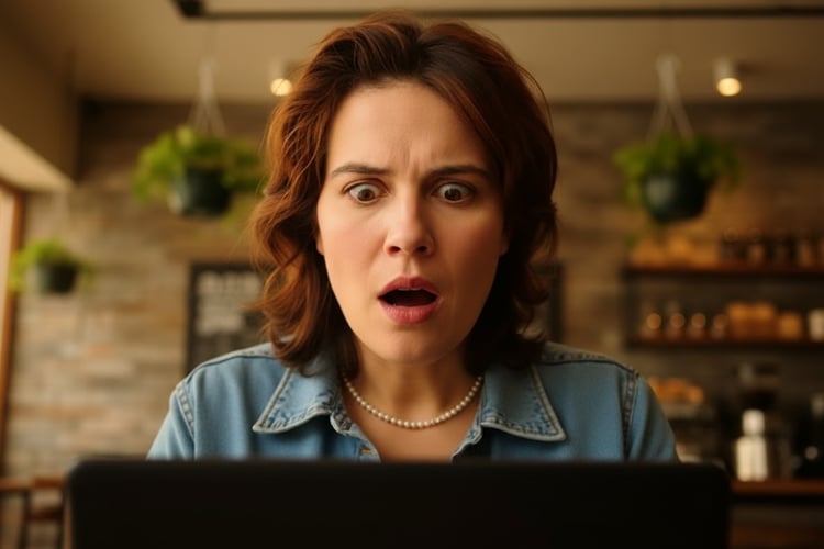 A person rolling their eyes with a wry smile, reacting to their dog's snobbish behavior in a Seattle coffee shop.