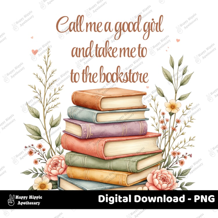 Transparent background PNG of watercolor book stack and floral design with romantic reader quote. Ideal for stickers, shirts, and bookish crafts.