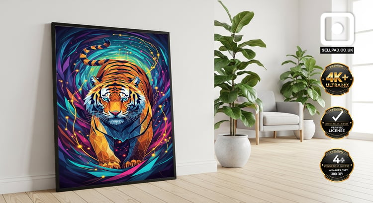 Mystical Tiger Mosaic Poster in Abstract Digital Style – Sophisticated Art Display
