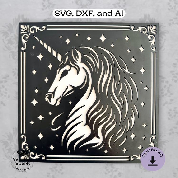 Black and white unicorn laser cut design in a square frame with small star accents and clean, elegant lines.