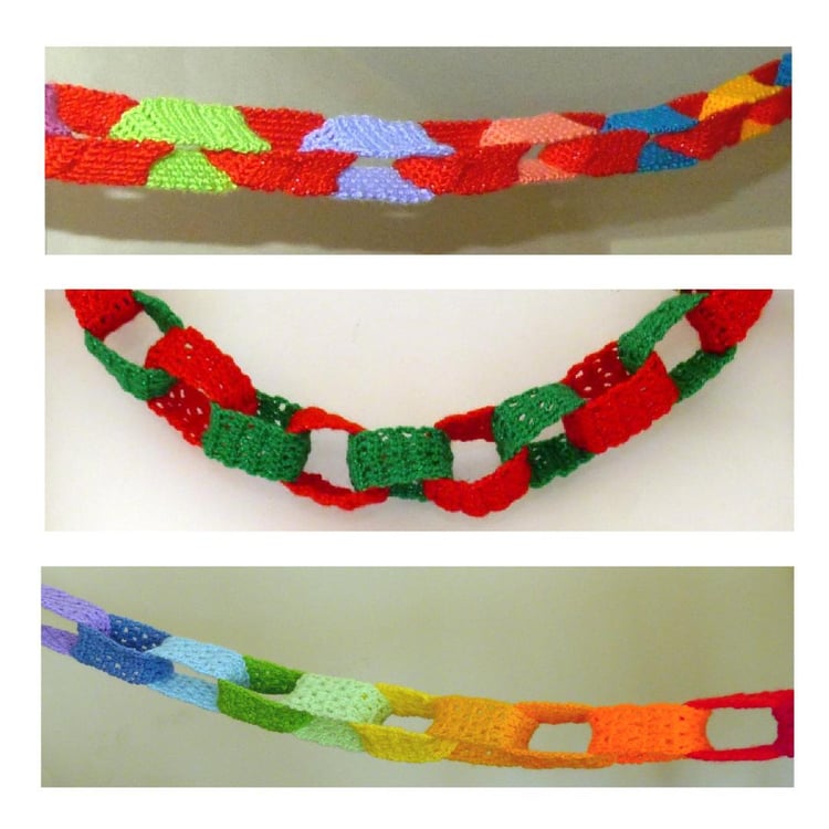 Three different multi-colour crochet chain decorations.