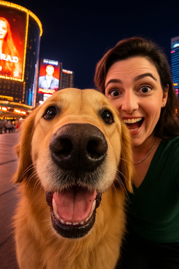 A happy person taking a selfie with their yellow Labrador, Max, who looks curious. The blurry lights of the Las Vegas Strip are in the background.