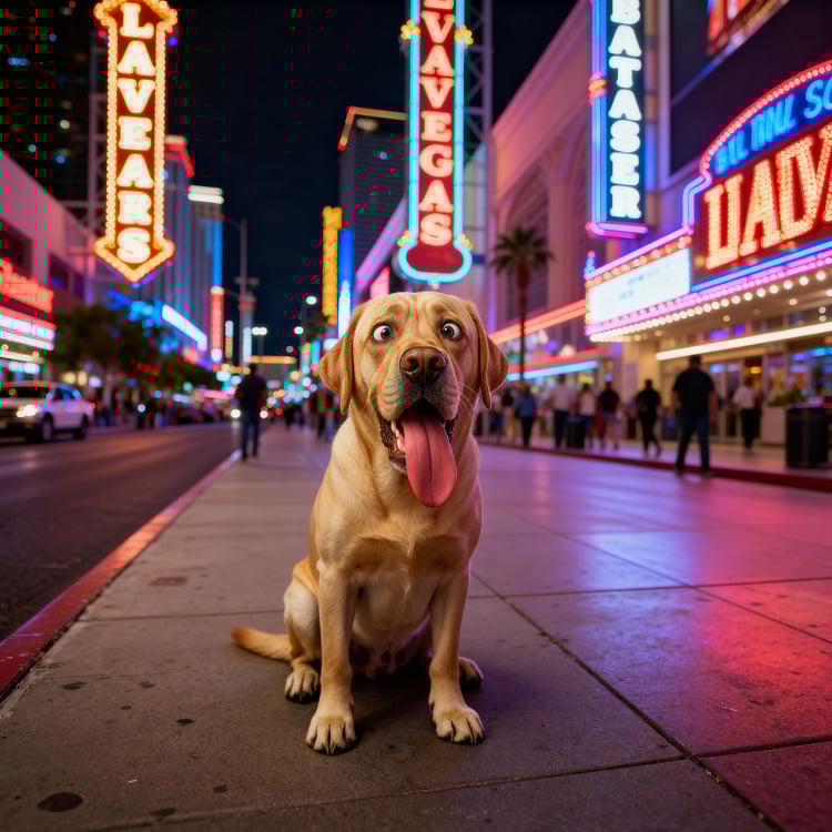Close-up of the yellow Lab, Max, panting with his tongue out. The colorful, out-of-focus lights of Las Vegas casinos glow behind him.