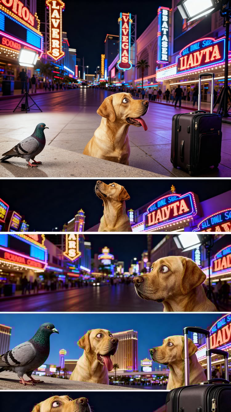 A collage of four images showing Max the Labrador looking confused by different things on the Las Vegas Strip: a rolling suitcase, a pigeon, a giant neon sign, and a crowd.