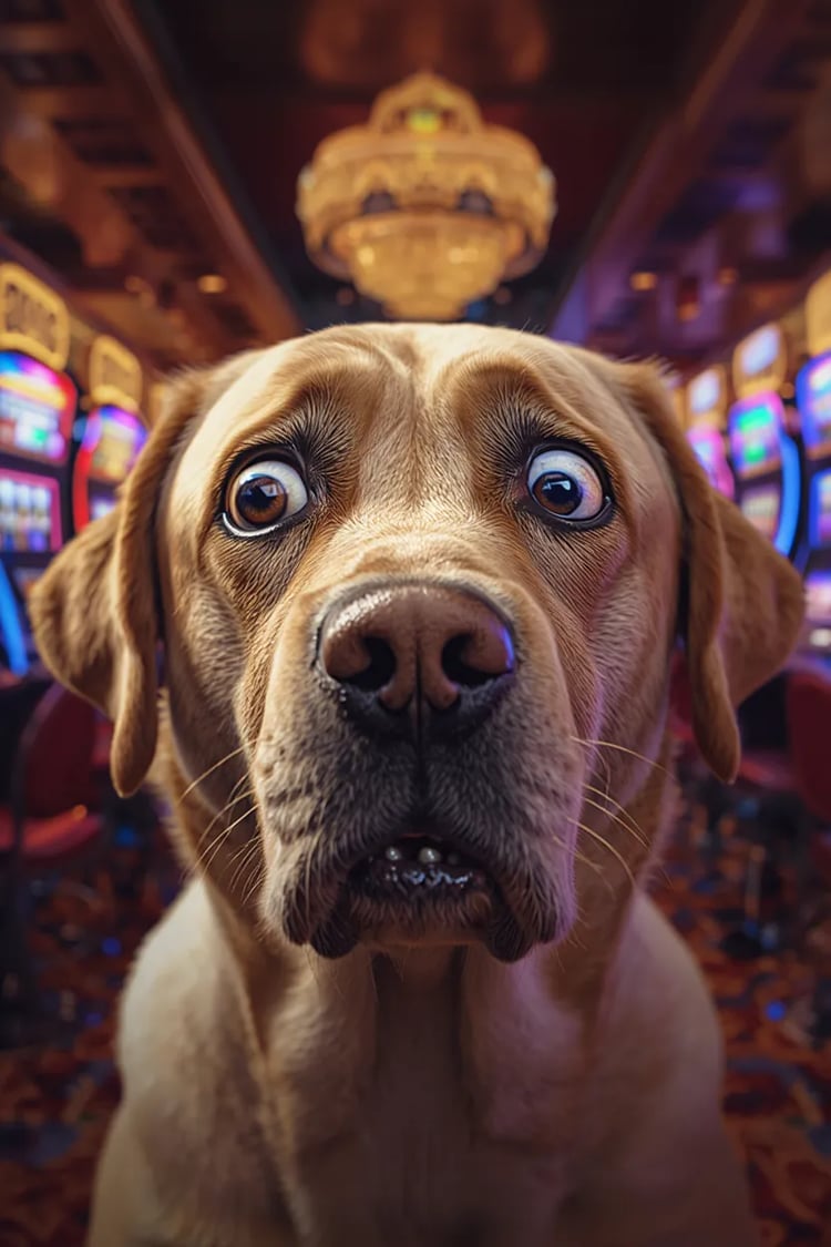 Extreme close-up on Max's face inside a casino. His eyes are wide and glassy, reflecting the colorful lights of slot machines, with a stunned expression.