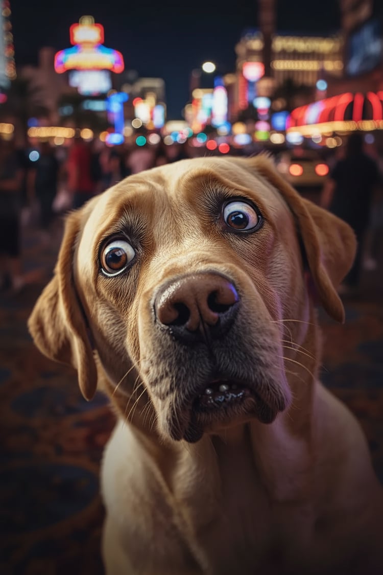 Max the yellow Lab is turning his head with a completely dazed and overwhelmed look on his face, as the busy Vegas street blurs in the background.