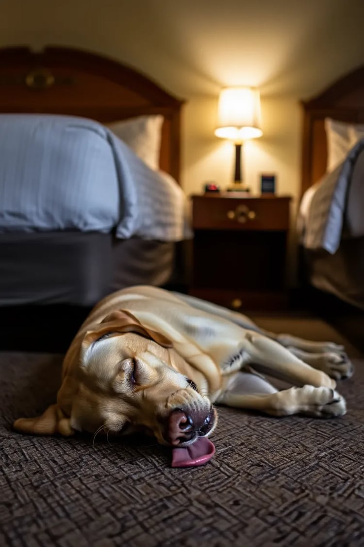 The yellow Labrador, Max, is fast asleep and lying flat on his side on a hotel room carpet, looking completely exhausted.